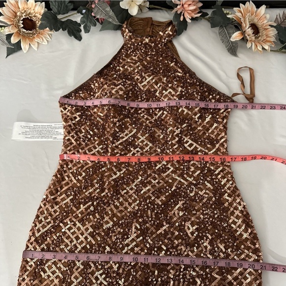 NEW $398 Mac‎ Duggal [ 10 ] Sequin Plaid Halter Neck Cocktail Dress Copper - Picture 4 of 15